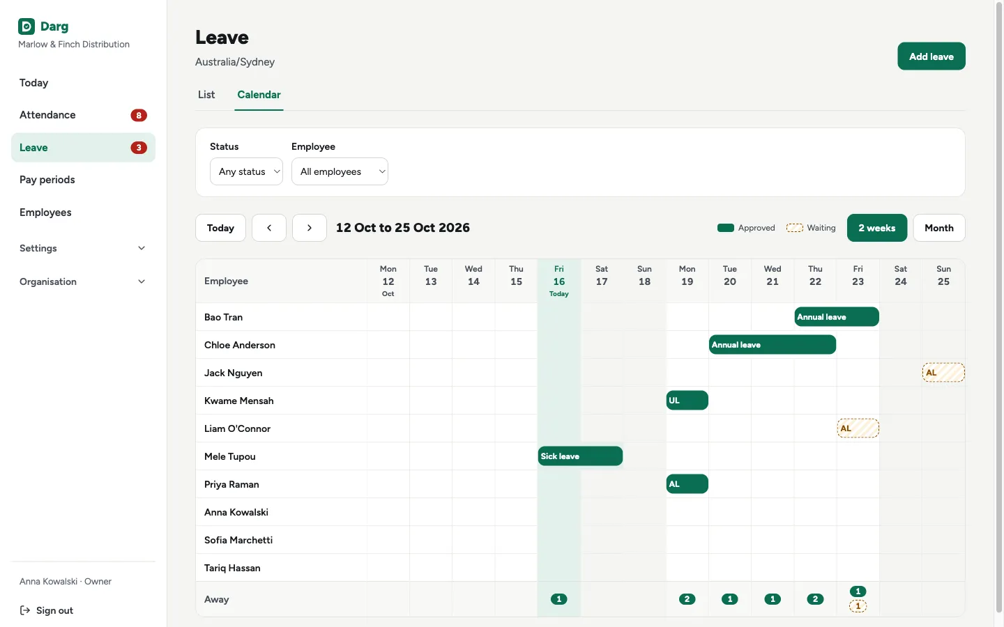 Admin: the leave calendar