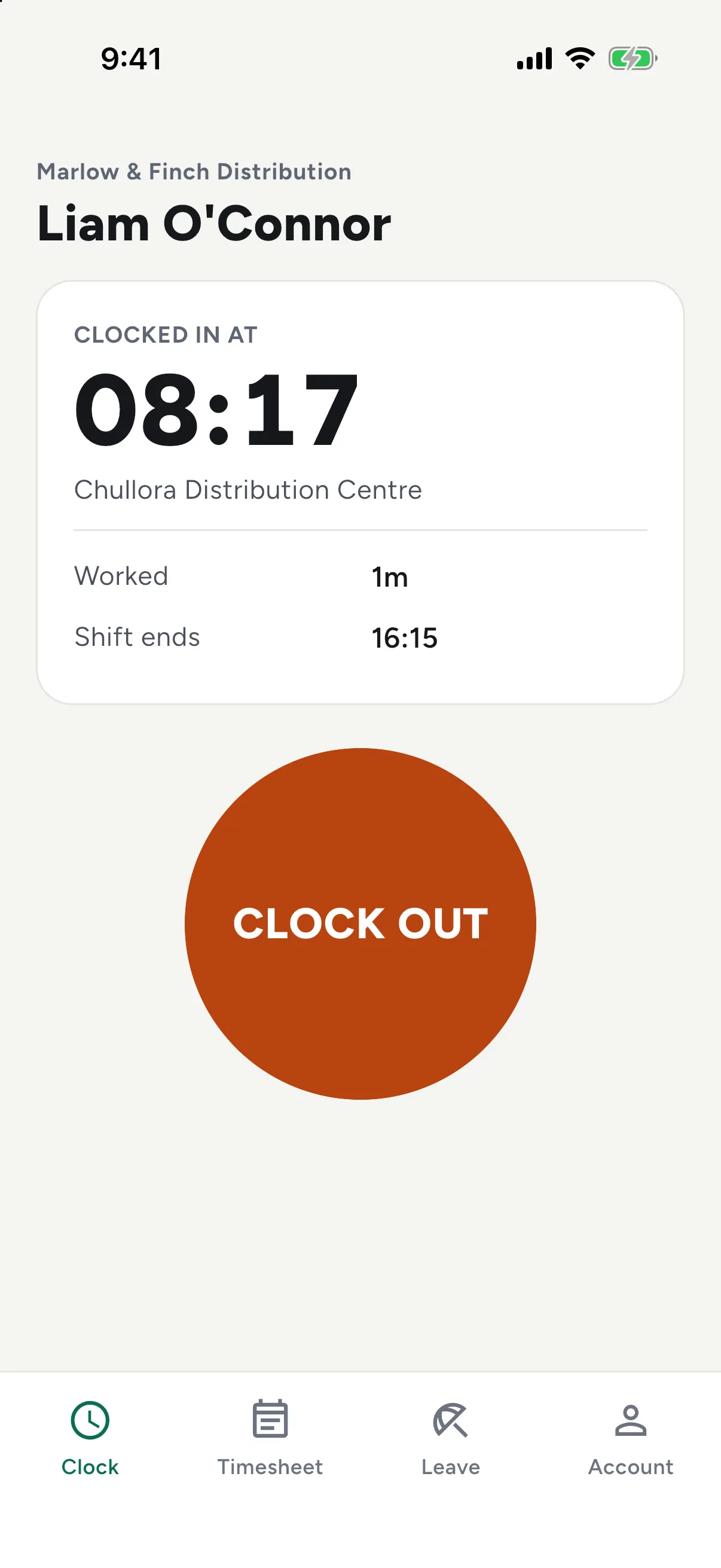 App: clocked in at a work location